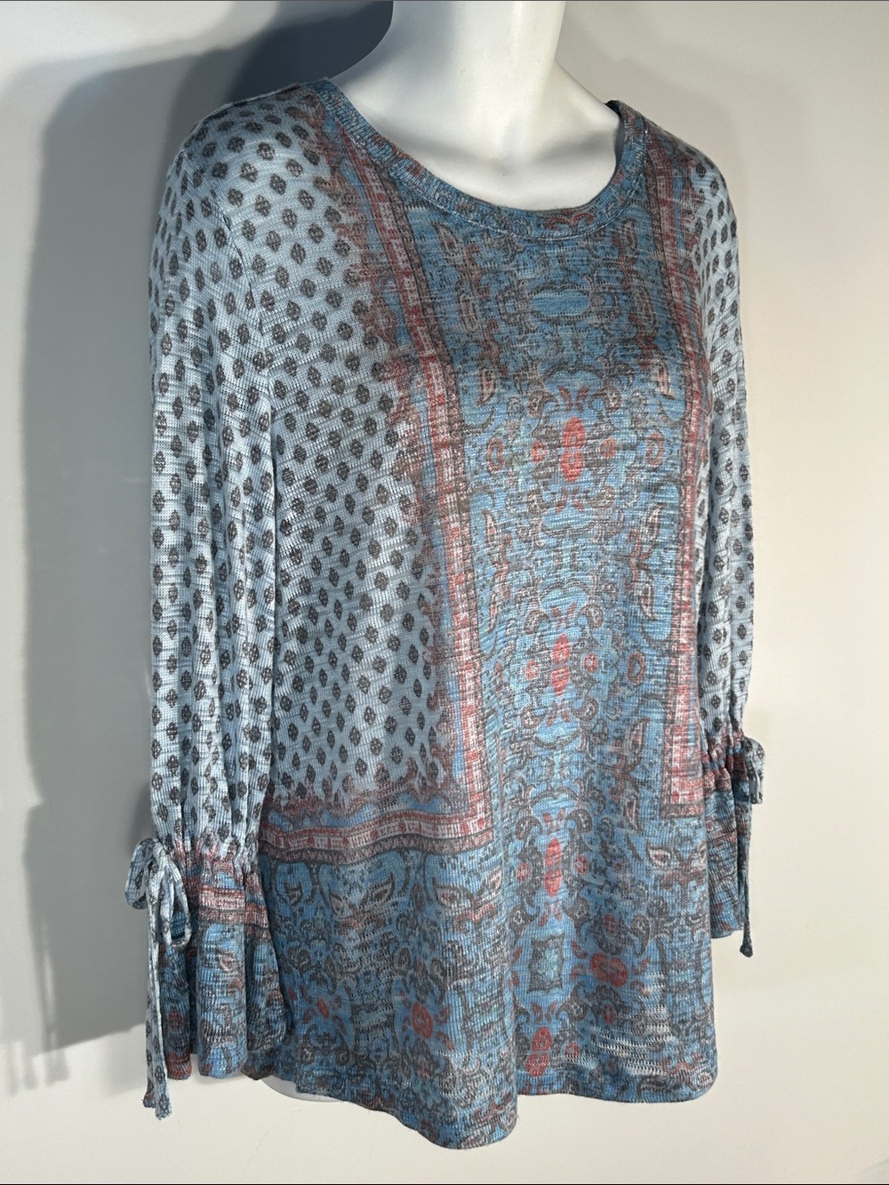 Studio JPR SZ XL Blue Print Long-Sleeve Tie Cuff Top Cottage Boho Country Comfy